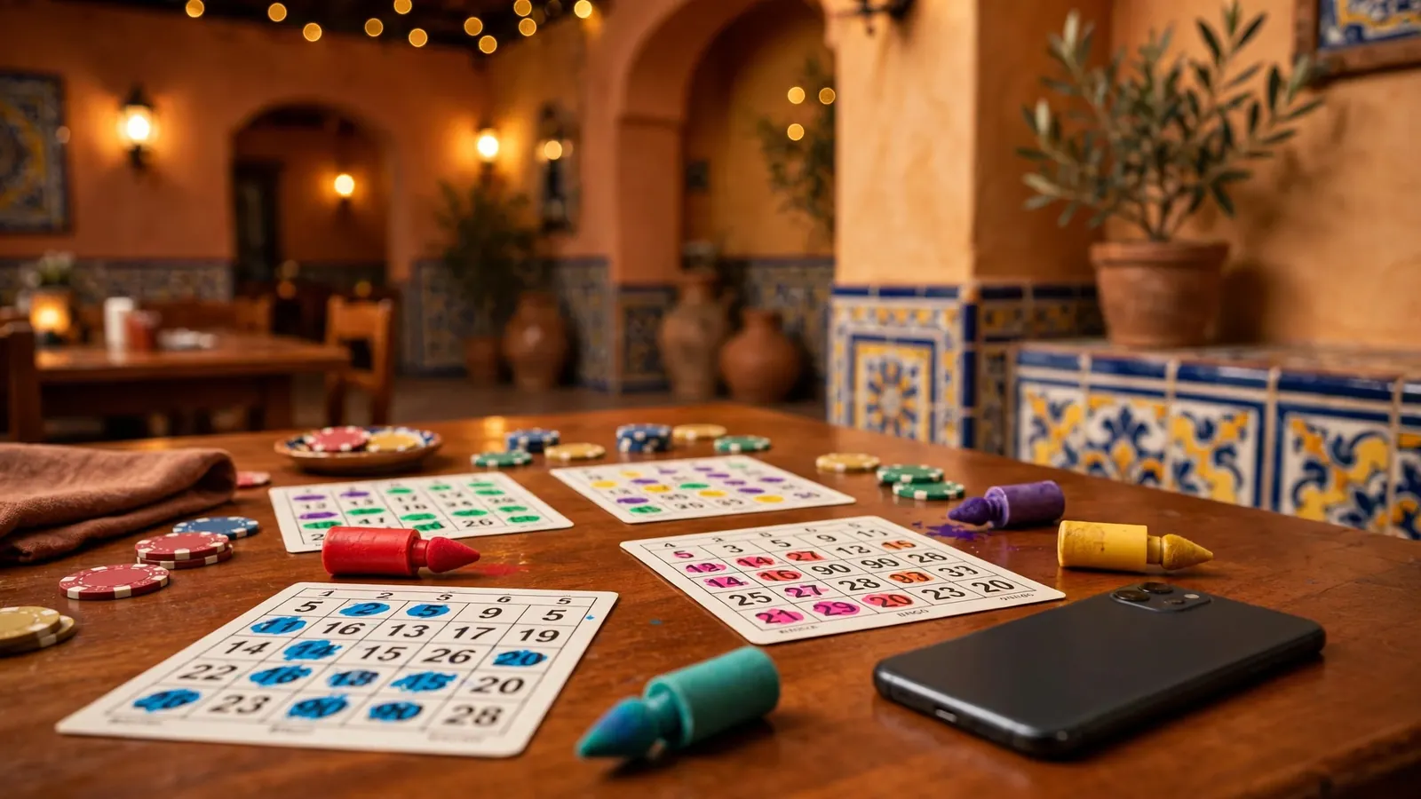Mesa de bingo española con cartones y fichas, ambiente cálido moderno.