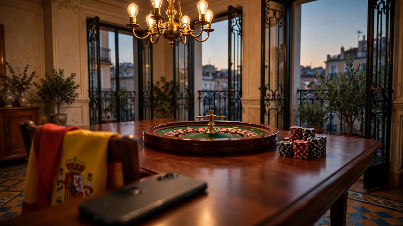 Mesa de ruleta con fichas en un salón español iluminado con luz cálida al atardecer.