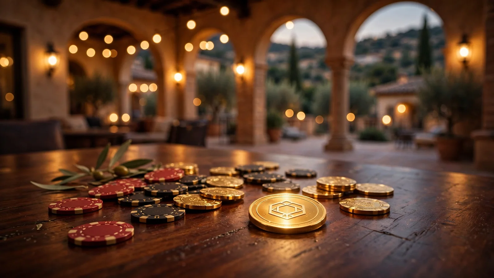 Salón elegante español con fichas de casino y moneda criptográfica dorada