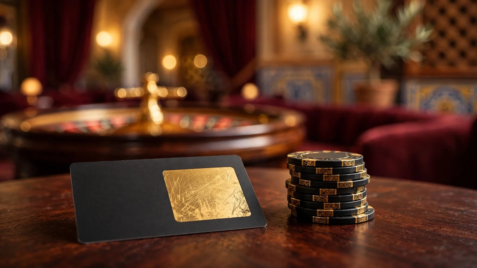 Fichas de casino junto a un vale prepago dorado en ambiente español