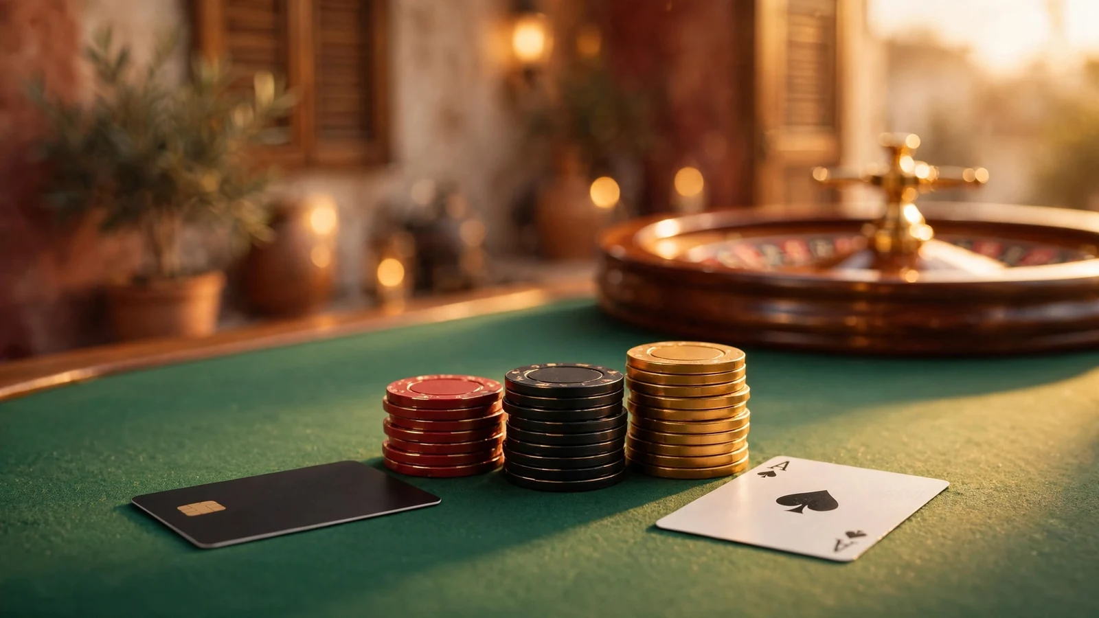 Mesa de casino con fichas, carta y ruleta bajo luz cálida
