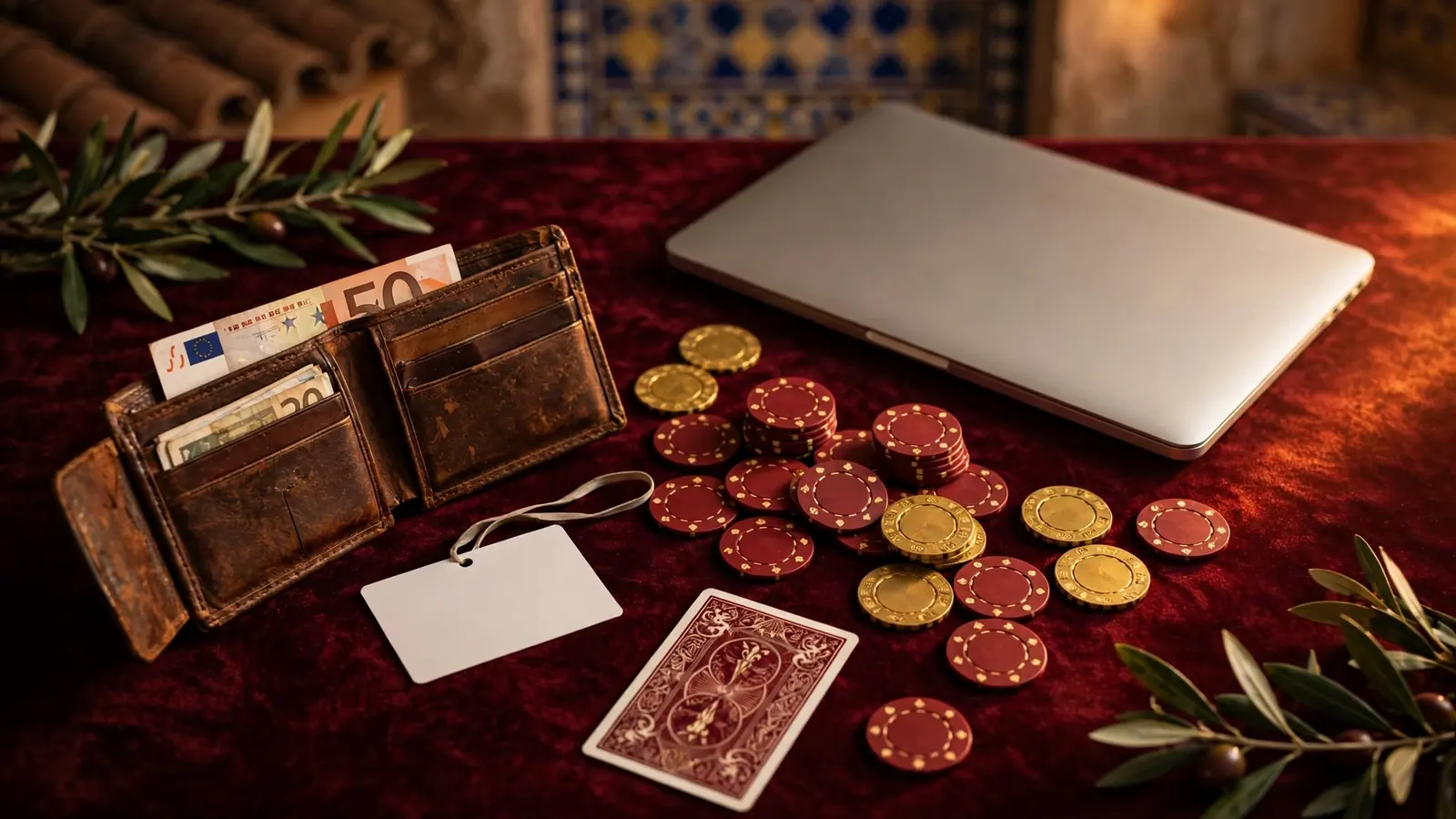 Cartera abierta con tarjeta en blanco sobre mesa de casino, simbolizando el juego sin cuenta