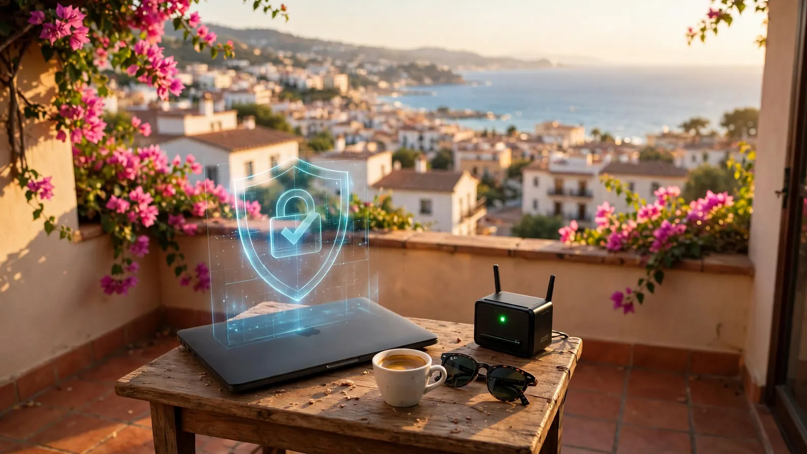 Balcón español con portátil cerrado y router al atardecer mediterráneo