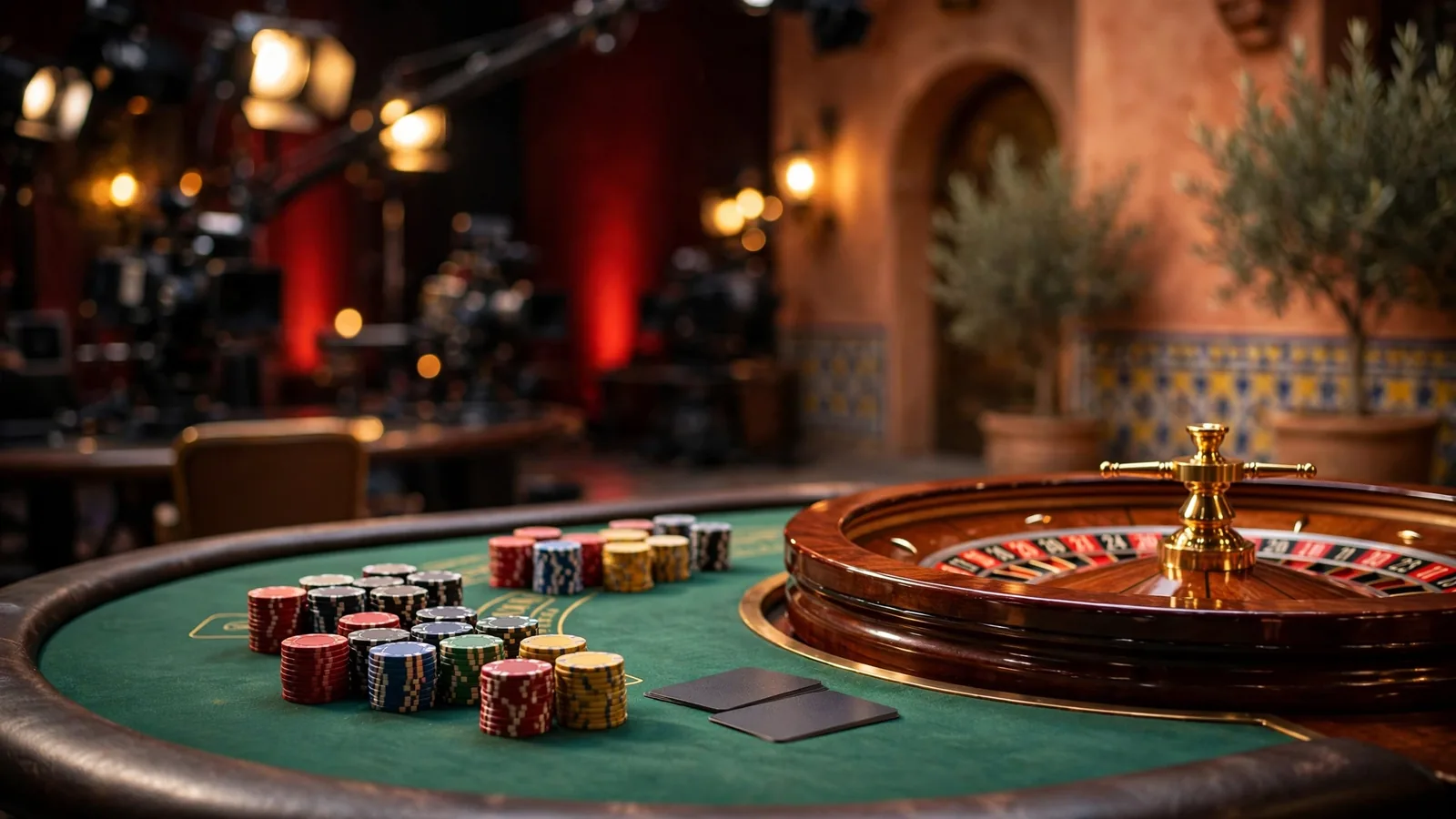 Elegante estudio de casino en vivo con mesa de blackjack y ruleta bajo iluminación cinematográfica profesional