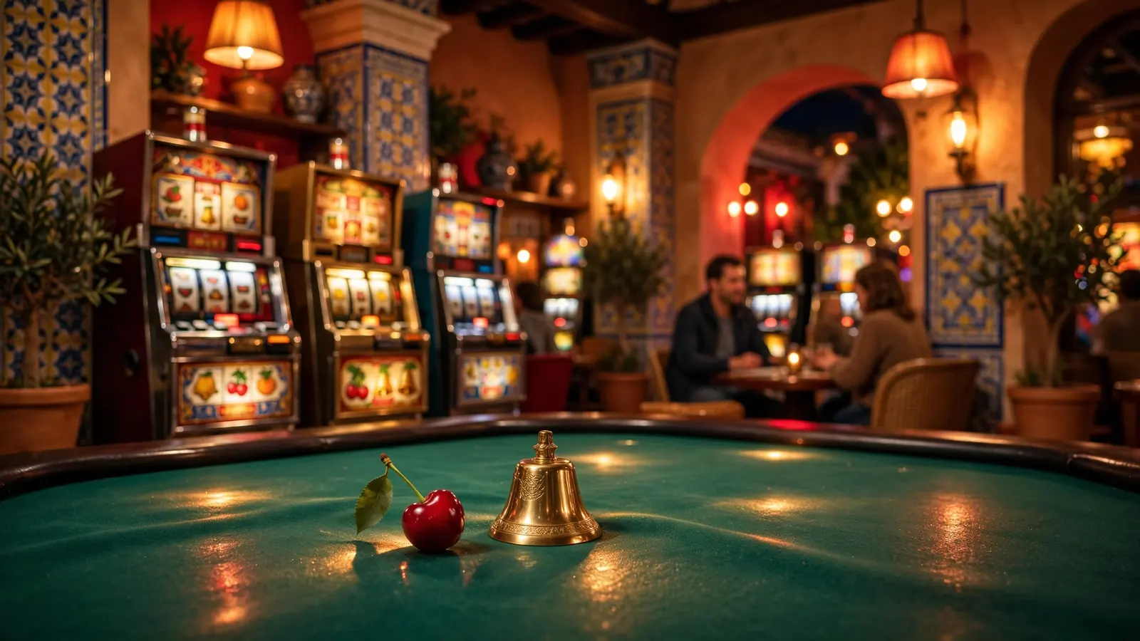 Ambiente de casino español con máquinas tragaperras iluminadas y elementos clásicos de juego