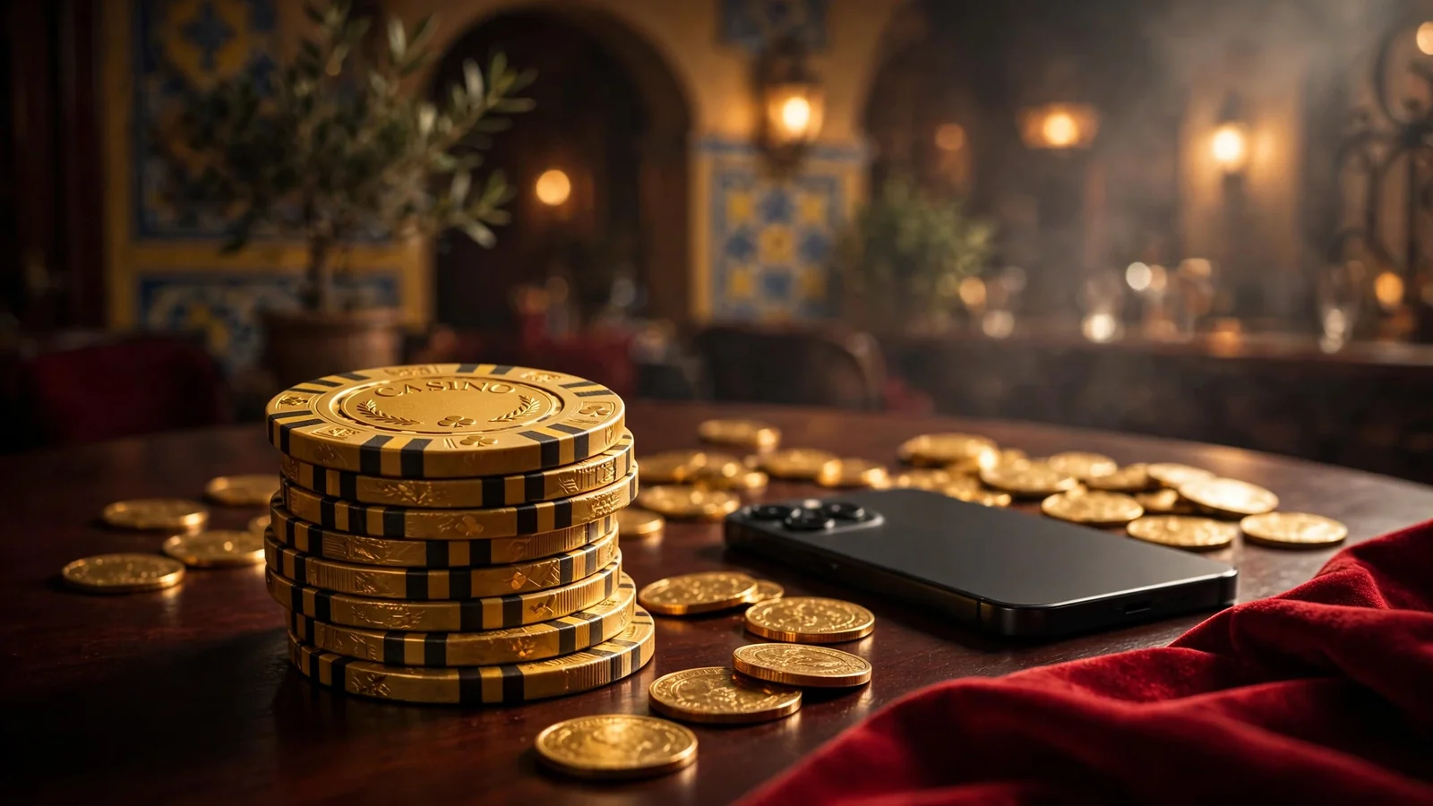 Fichas doradas de casino y monedas junto a un teléfono sobre una mesa elegante con ambiente de salón de juego español.