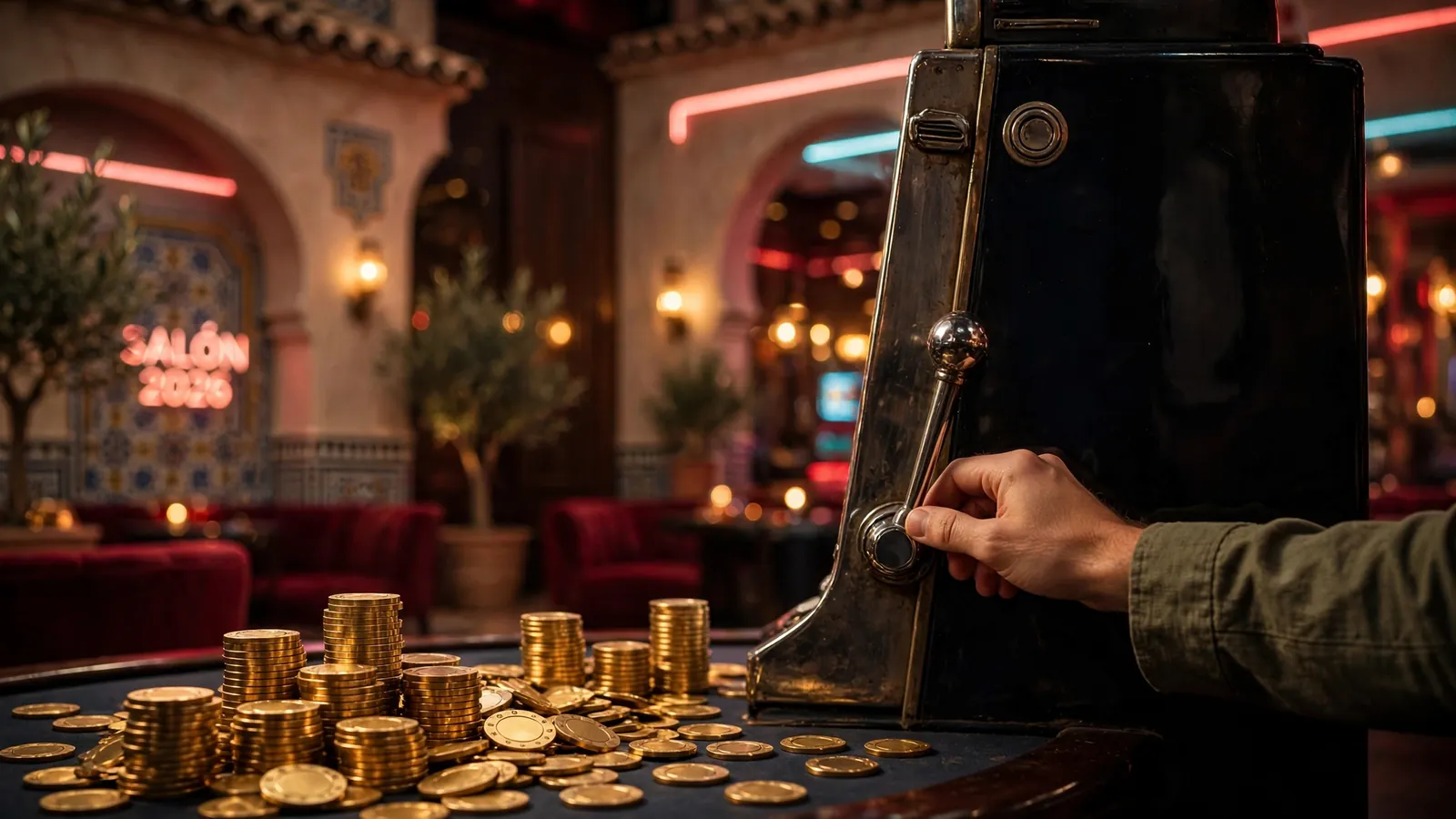 Máquina tragaperras clásica con palanca y fichas doradas en casino español elegante