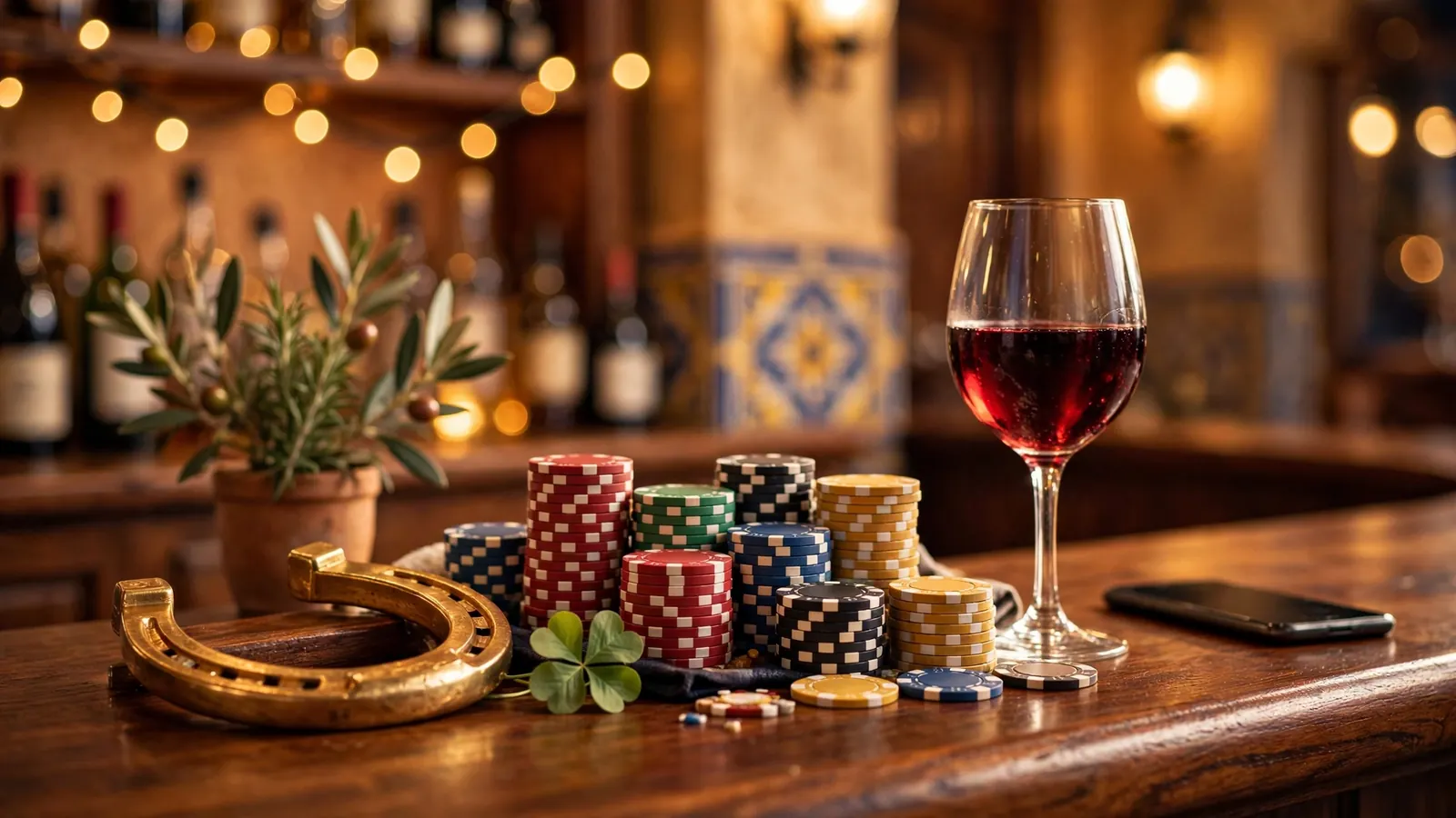 Mesa de casino español con fichas de colores y símbolos de suerte